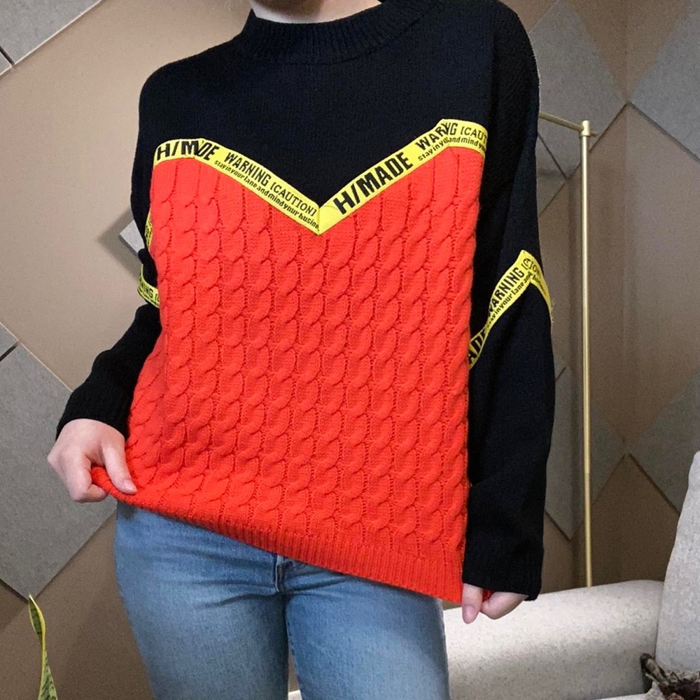 Black and bright orange Crew Neck Sweater with Chevron Detail
